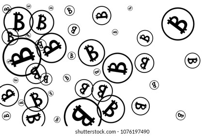Randomly Fall Bitcoins. Bitcoin Icon Abstract Background. Cryptocurrency Background. Digital Payment money.  Jackpot or Prize Concept.
 Black and White Vector Illustration. Blockchain technology Coin.