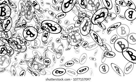 Randomly Fall Bitcoins. Bitcoin Icon Abstract Background. Digital Payment money. Cryptocurrency Background. Prize or Jackpot Concept.
 Black and White Vector Illustration. Blockchain technology Coin.