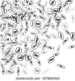 Randomly Fall Bitcoins. Bitcoin Icon Abstract Background. Cryptocurrency Background. Digital Payment money.  Jackpot or Prize Concept.
 Blockchain technology Coin. Black and White Vector Illustration.