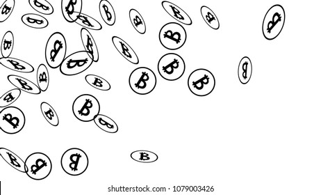 Randomly Fall Bitcoins. Bitcoin Icon Abstract Background. Digital Payment money. Cryptocurrency Background. Prize or Jackpot Concept.
 Blockchain technology Coin. Black and White Vector Illustration.