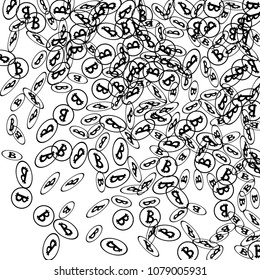 Randomly Fall Bitcoins. Bitcoin Icon Abstract Background. Digital Payment money. Cryptocurrency Background. Prize or Jackpot Concept.
 Blockchain technology Coin. Black and White Vector Illustration.