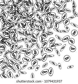 Randomly Fall Bitcoins. Bitcoin Icon Abstract Background. Digital Payment money. Cryptocurrency Background. Jackpot or Prize Concept.
 Black and White Vector Illustration. Blockchain technology Coin.