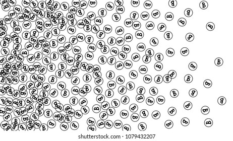 Randomly Fall Bitcoins. Bitcoin Icon Abstract Background. Cryptocurrency Background. Digital Payment money.  Jackpot or Prize Concept.
 Black and White Vector Illustration. Blockchain technology Coin.