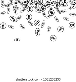 Randomly Fall Bitcoins. Bitcoin Icon Abstract Background. Cryptocurrency Background. Digital Payment money.  Prize or Jackpot Concept.
 Black and White Vector Illustration. Blockchain technology Coin.