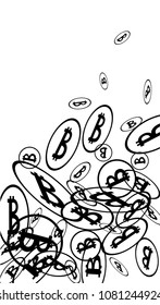 Randomly Fall Bitcoins. Bitcoin Icon Abstract Background. Cryptocurrency Background. Digital Payment money.  Prize or Jackpot Concept.
 Blockchain technology Coin. Black and White Vector Illustration.