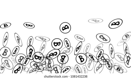 Randomly Fall Bitcoins. Bitcoin Icon Abstract Background. Digital Payment money. Cryptocurrency Background. Jackpot or Prize Concept.
 Black and White Vector Illustration. Blockchain technology Coin.