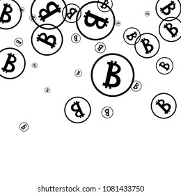Randomly Fall Bitcoins. Bitcoin Icon Abstract Background. Digital Payment money. Cryptocurrency Background. Prize or Jackpot Concept.
 Blockchain technology Coin. Black and White Vector Illustration.