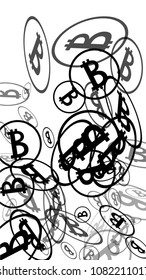 Randomly Fall Bitcoins. Bitcoin Icon Abstract Background. Digital Payment money. Cryptocurrency Background. Jackpot or Prize Concept.
 Blockchain technology Coin. Black and White Vector Illustration.