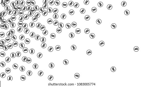 Randomly Fall Bitcoins. Bitcoin Icon Abstract Background. Digital Payment money. Cryptocurrency Background. Prize or Jackpot Concept.
 Blockchain technology Coin. Black and White Vector Illustration.