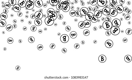 Randomly Fall Bitcoins. Bitcoin Icon Abstract Background. Cryptocurrency Background. Digital Payment money.  Jackpot or Prize Concept.
 Black and White Vector Illustration. Blockchain technology Coin.