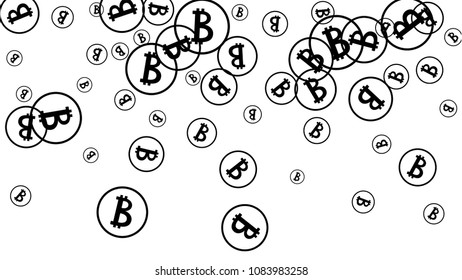 Randomly Fall Bitcoins. Bitcoin Icon Abstract Background. Digital Payment money. Cryptocurrency Background. Jackpot or Prize Concept.
 Blockchain technology Coin. Black and White Vector Illustration.