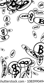 Randomly Fall Bitcoins. Bitcoin Icon Abstract Background. Digital Payment money. Cryptocurrency Background. Prize or Jackpot Concept.
 Blockchain technology Coin. Black and White Vector Illustration.