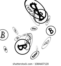 Randomly Fall Bitcoins. Bitcoin Icon Abstract Background. Digital Payment money. Cryptocurrency Background. Jackpot or Prize Concept.
 Blockchain technology Coin. Black and White Vector Illustration.