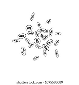 Randomly Fall Bitcoins. Bitcoin Icon Abstract Background. Digital Payment money. Cryptocurrency Background. Jackpot or Prize Concept.
 Blockchain technology Coin. Black and White Vector Illustration.