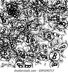Randomly Fall Bitcoins. Bitcoin Icon Abstract Background. Digital Payment money. Cryptocurrency Background. Jackpot or Prize Concept.
 Blockchain technology Coin. Black and White Vector Illustration.