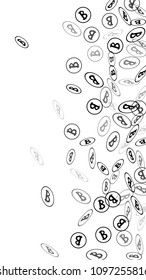 Randomly Fall Bitcoins. Bitcoin Icon Abstract Background. Cryptocurrency Background. Digital Payment money.  Prize or Jackpot Concept.
 Black and White Vector Illustration. Blockchain technology Coin.