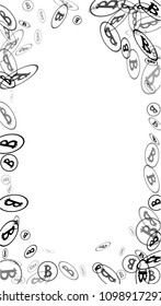 Randomly Fall Bitcoins. Bitcoin Icon Abstract Background. Cryptocurrency Background. Digital Payment money.  Jackpot or Prize Concept.
 Black and White Vector Illustration. Blockchain technology Coin.