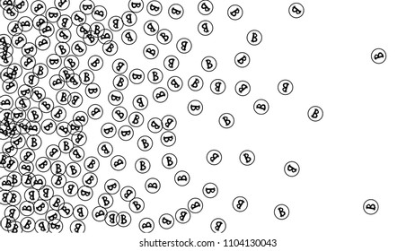 Randomly Fall Bitcoins. Bitcoin Icon Abstract Background. Digital Payment money. Cryptocurrency Background. Jackpot or Prize Concept.
 Blockchain technology Coin. Black and White Vector Illustration.