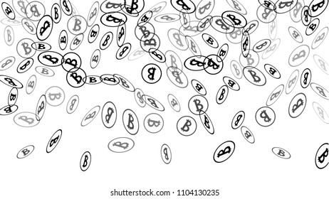 Randomly Fall Bitcoins. Bitcoin Icon Abstract Background. Digital Payment money. Cryptocurrency Background. Prize or Jackpot Concept.
 Black and White Vector Illustration. Blockchain technology Coin.