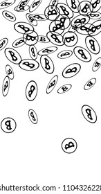 Randomly Fall Bitcoins. Bitcoin Icon Abstract Background. Cryptocurrency Background. Digital Payment money.  Prize or Jackpot Concept.
 Blockchain technology Coin. Black and White Vector Illustration.
