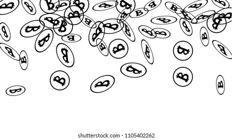 Randomly Fall Bitcoins. Bitcoin Icon Abstract Background. Cryptocurrency Background. Digital Payment money.  Jackpot or Prize Concept.
 Black and White Vector Illustration. Blockchain technology Coin.