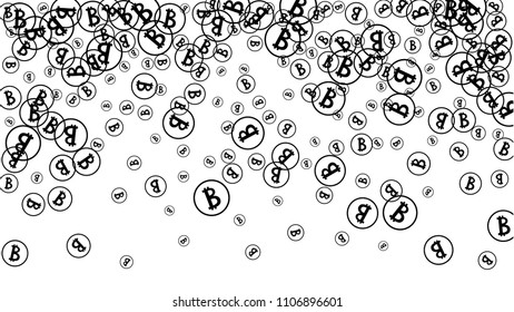 Randomly Fall Bitcoins. Bitcoin Icon Abstract Background. Cryptocurrency Background. Digital Payment money.  Prize or Jackpot Concept.
 Blockchain technology Coin. Black and White Vector Illustration.