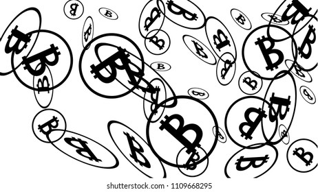 Randomly Fall Bitcoins. Bitcoin Icon Abstract Background. Digital Payment money. Cryptocurrency Background. Prize or Jackpot Concept.
 Black and White Vector Illustration. Blockchain technology Coin.