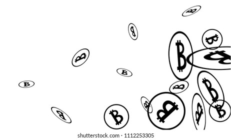 Randomly Fall Bitcoins. Bitcoin Icon Abstract Background. Cryptocurrency Background. Digital Payment money.  Prize or Jackpot Concept.
 Black and White Vector Illustration. Blockchain technology Coin.