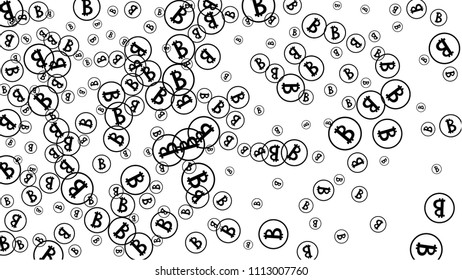 Randomly Fall Bitcoins. Bitcoin Icon Abstract Background. Cryptocurrency Background. Digital Payment money.  Jackpot or Prize Concept.
 Blockchain technology Coin. Black and White Vector Illustration.