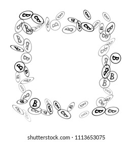 Randomly Fall Bitcoins. Bitcoin Icon Abstract Background. Cryptocurrency Background. Digital Payment money.  Jackpot or Prize Concept.
 Blockchain technology Coin. Black and White Vector Illustration.