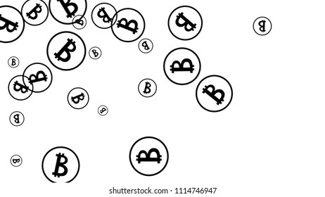 Randomly Fall Bitcoins. Bitcoin Icon Abstract Background. Digital Payment money. Cryptocurrency Background. Prize or Jackpot Concept.
 Blockchain technology Coin. Black and White Vector Illustration.