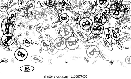 Randomly Fall Bitcoins. Bitcoin Icon Abstract Background. Digital Payment money. Cryptocurrency Background. Jackpot or Prize Concept.
 Black and White Vector Illustration. Blockchain technology Coin.