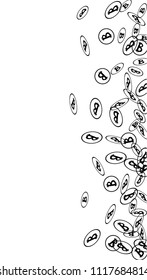 Randomly Fall Bitcoins. Bitcoin Icon Abstract Background. Cryptocurrency Background. Digital Payment money.  Jackpot or Prize Concept.
 Blockchain technology Coin. Black and White Vector Illustration.