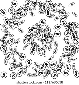 Randomly Fall Bitcoins. Bitcoin Icon Abstract Background. Digital Payment money. Cryptocurrency Background. Prize or Jackpot Concept.
 Blockchain technology Coin. Black and White Vector Illustration.