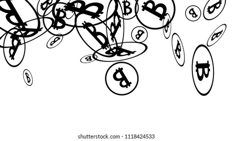 Randomly Fall Bitcoins. Bitcoin Icon Abstract Background. Cryptocurrency Background. Digital Payment money.  Jackpot or Prize Concept.
 Black and White Vector Illustration. Blockchain technology Coin.