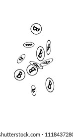 Randomly Fall Bitcoins. Bitcoin Icon Abstract Background. Cryptocurrency Background. Digital Payment money.  Prize or Jackpot Concept.
 Black and White Vector Illustration. Blockchain technology Coin.