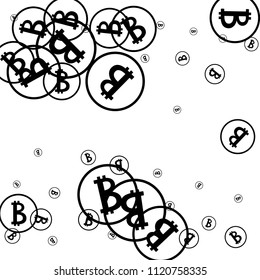 Randomly Fall Bitcoins. Bitcoin Icon Abstract Background. Digital Payment money. Cryptocurrency Background. Prize or Jackpot Concept.
 Black and White Vector Illustration. Blockchain technology Coin.