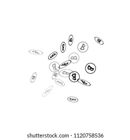 Randomly Fall Bitcoins. Bitcoin Icon Abstract Background. Digital Payment money. Cryptocurrency Background. Prize or Jackpot Concept.
 Blockchain technology Coin. Black and White Vector Illustration.