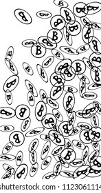 Randomly Fall Bitcoins. Bitcoin Icon Abstract Background. Digital Payment money. Cryptocurrency Background. Prize or Jackpot Concept.
 Blockchain technology Coin. Black and White Vector Illustration.