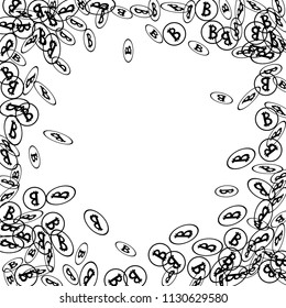 Randomly Fall Bitcoins. Bitcoin Icon Abstract Background. Cryptocurrency Background. Digital Payment money.  Jackpot or Prize Concept.
 Blockchain technology Coin. Black and White Vector Illustration.