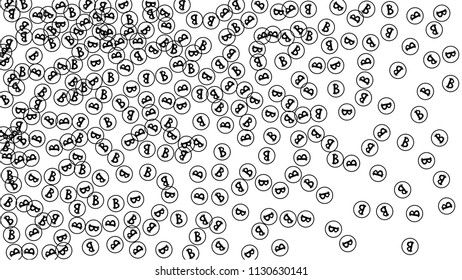 Randomly Fall Bitcoins. Bitcoin Icon Abstract Background. Cryptocurrency Background. Digital Payment money.  Jackpot or Prize Concept.
 Black and White Vector Illustration. Blockchain technology Coin.