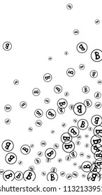 Randomly Fall Bitcoins. Bitcoin Icon Abstract Background. Digital Payment money. Cryptocurrency Background. Jackpot or Prize Concept.
 Blockchain technology Coin. Black and White Vector Illustration.