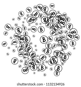 Randomly Fall Bitcoins. Bitcoin Icon Abstract Background. Digital Payment money. Cryptocurrency Background. Jackpot or Prize Concept.
 Blockchain technology Coin. Black and White Vector Illustration.