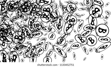 Randomly Fall Bitcoins. Bitcoin Icon Abstract Background. Cryptocurrency Background. Digital Payment money.  Prize or Jackpot Concept.
 Black and White Vector Illustration. Blockchain technology Coin.