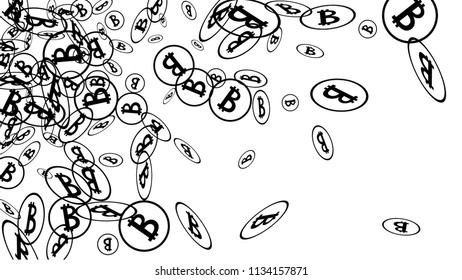 Randomly Fall Bitcoins. Bitcoin Icon Abstract Background. Digital Payment money. Cryptocurrency Background. Prize or Jackpot Concept.
 Blockchain technology Coin. Black and White Vector Illustration.