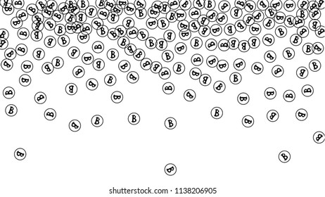 Randomly Fall Bitcoins. Bitcoin Icon Abstract Background. Digital Payment money. Cryptocurrency Background. Prize or Jackpot Concept.
 Black and White Vector Illustration. Blockchain technology Coin.