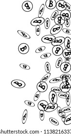 Randomly Fall Bitcoins. Bitcoin Icon Abstract Background. Digital Payment money. Cryptocurrency Background. Prize or Jackpot Concept.
 Blockchain technology Coin. Black and White Vector Illustration.