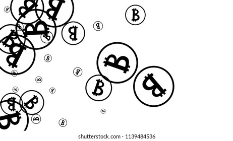 Randomly Fall Bitcoins. Bitcoin Icon Abstract Background. Digital Payment money. Cryptocurrency Background. Prize or Jackpot Concept.
 Black and White Vector Illustration. Blockchain technology Coin.