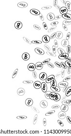 Randomly Fall Bitcoins. Bitcoin Icon Abstract Background. Cryptocurrency Background. Digital Payment money.  Prize or Jackpot Concept.
 Blockchain technology Coin. Black and White Vector Illustration.