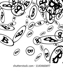 Randomly Fall Bitcoins. Bitcoin Icon Abstract Background. Digital Payment money. Cryptocurrency Background. Jackpot or Prize Concept.
 Black and White Vector Illustration. Blockchain technology Coin.